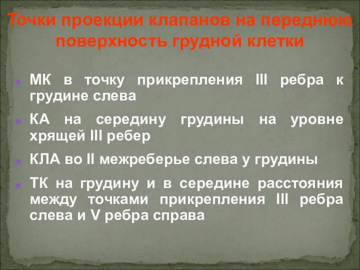 Точки проекции клапанов на переднюю поверхность грудной клетки МК в точку прикрепления