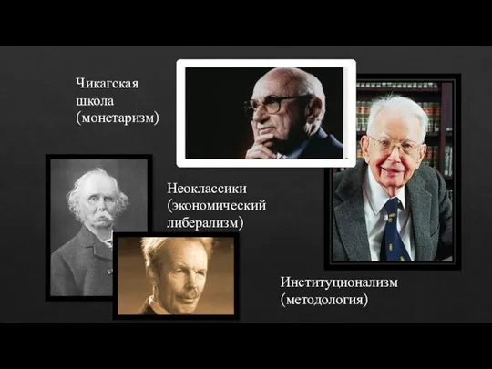 Чикагская школа (монетаризм) Институционализм (методология) Неоклассики (экономический либерализм)