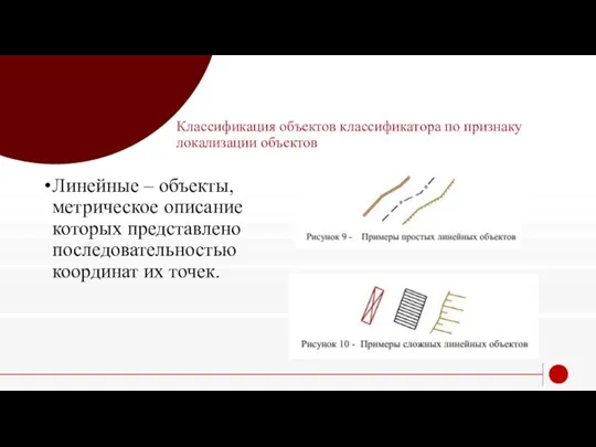 Классификация объектов классификатора по признаку локализации объектов Линейные – объекты, метрическое описание