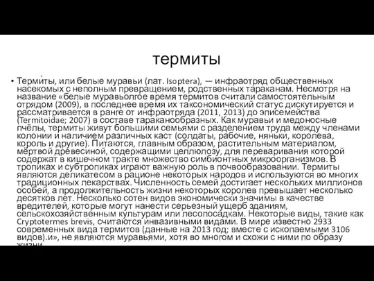 термиты Терми́ты, или белые муравьи (лат. Isoptera), — инфраотряд общественных насекомых с