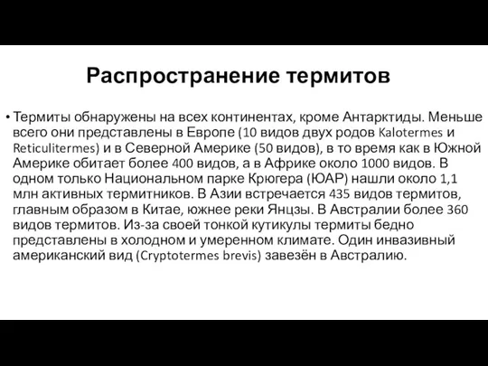 Термиты обнаружены на всех континентах, кроме Антарктиды. Меньше всего они представлены в