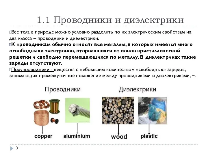 1.1 Проводники и диэлектрики Все тела в природе можно условно разделить по