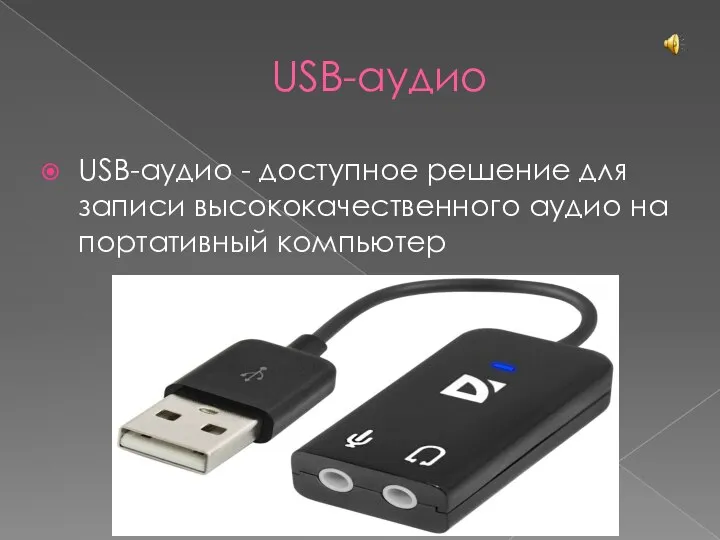 USB-аудио USB-аудио - доступное решение для записи высококачественного аудио на портативный компьютер