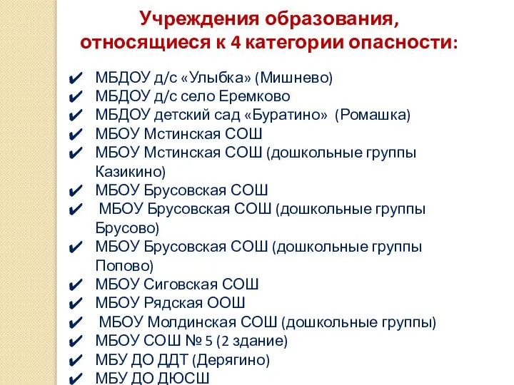 Учреждения образования, относящиеся к 4 категории опасности: МБДОУ д/с «Улыбка» (Мишнево) МБДОУ