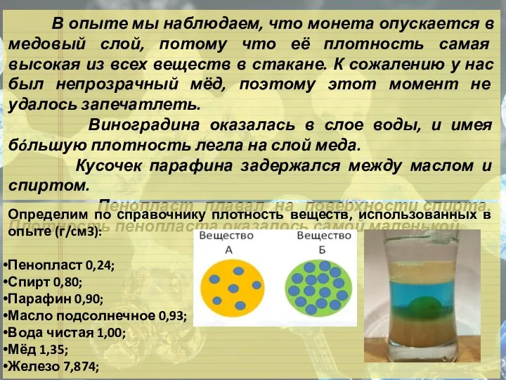 В опыте мы наблюдаем, что монета опускается в медовый слой, потому что