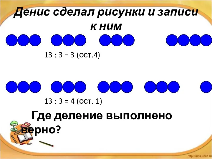 13 : 3 = 3 (ост.4) 13 : 3 = 4 (ост.