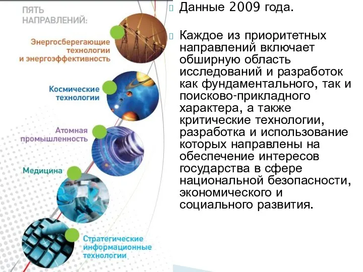 Данные 2009 года. Каждое из приоритетных направлений включает обширную область исследований и