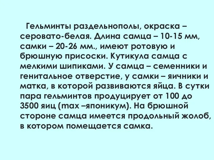 Гельминты раздельнополы, окраска – серовато-белая. Длина самца – 10-15 мм, самки –