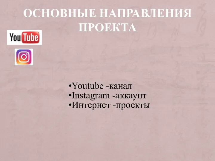ОСНОВНЫЕ НАПРАВЛЕНИЯ ПРОЕКТА Youtube -канал Instagram -аккаунт Интернет -проекты