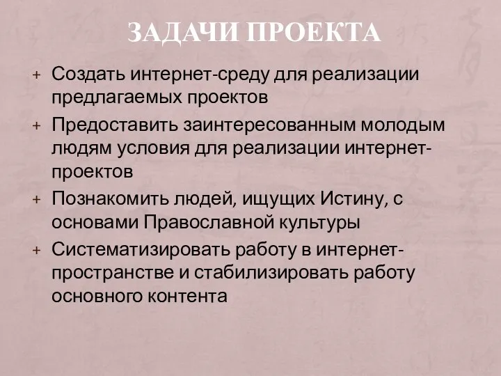 ЗАДАЧИ ПРОЕКТА Создать интернет-среду для реализации предлагаемых проектов Предоставить заинтересованным молодым людям