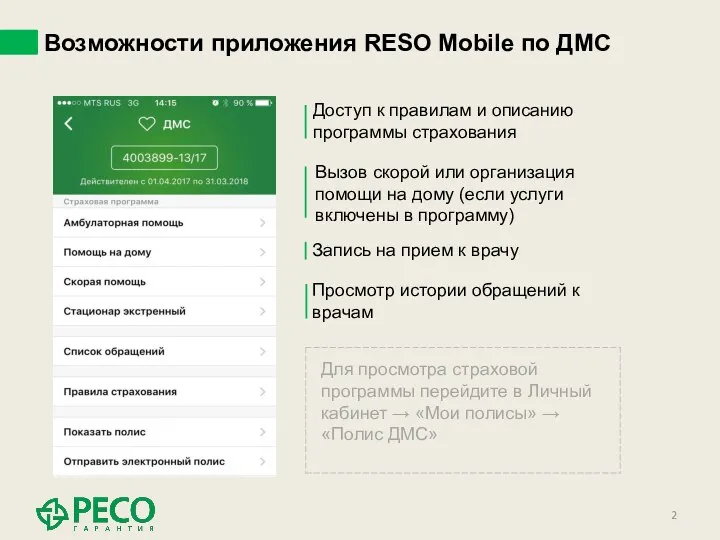 Возможности приложения RESO Mobile по ДМС Вызов скорой или организация помощи на