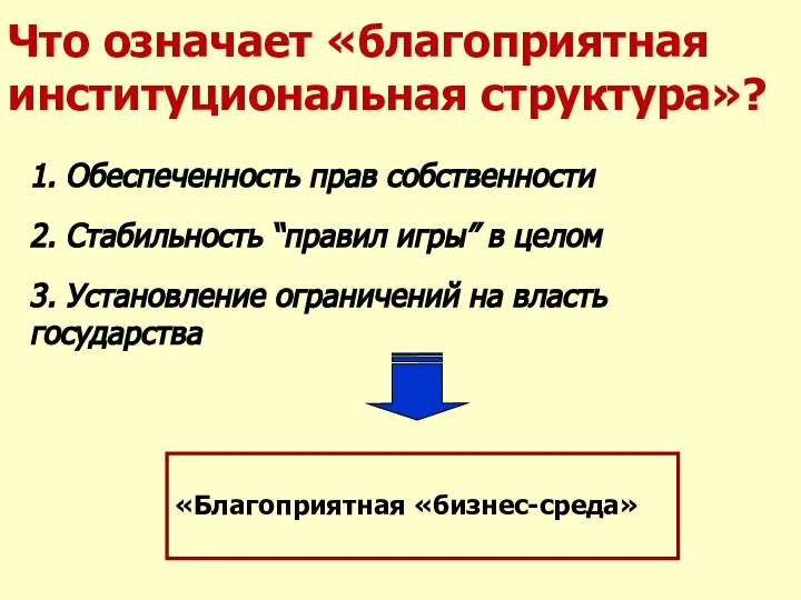 1. Обеспеченность прав собственности 2. Стабильность “правил игры” в целом 3. Установление