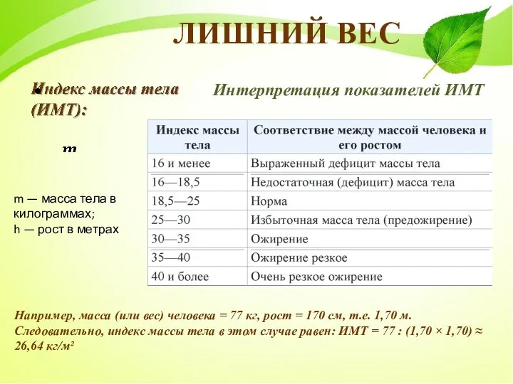 ЛИШНИЙ ВЕС Интерпретация показателей ИМТ m — масса тела в килограммах; h