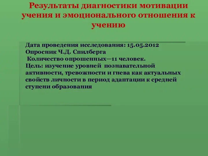 Результаты диагностики мотивации учения и эмоционального отношения к учению Дата проведения исследования: