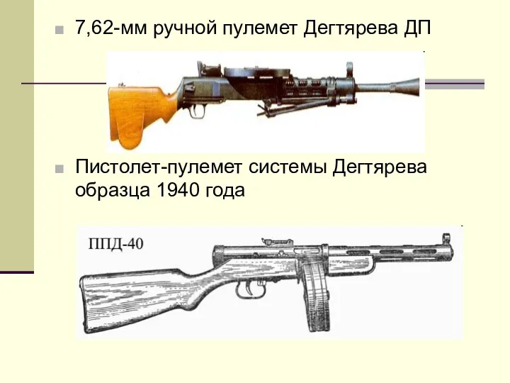 7,62-мм ручной пулемет Дегтярева ДП Пистолет-пулемет системы Дегтярева образца 1940 года