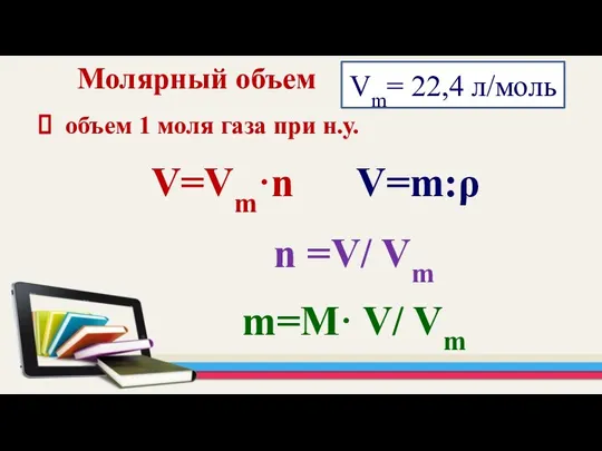 Молярный объем V=Vm·n V=m:ρ n =V/ Vm m=M· V/ Vm объем 1