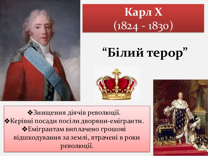 Карл Х (1824 - 1830) “Білий терор” Знищення діячів революції. Керівні посади
