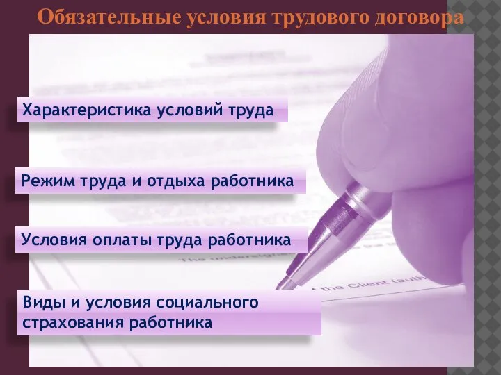 Обязательные условия трудового договора Характеристика условий труда Режим труда и отдыха работника