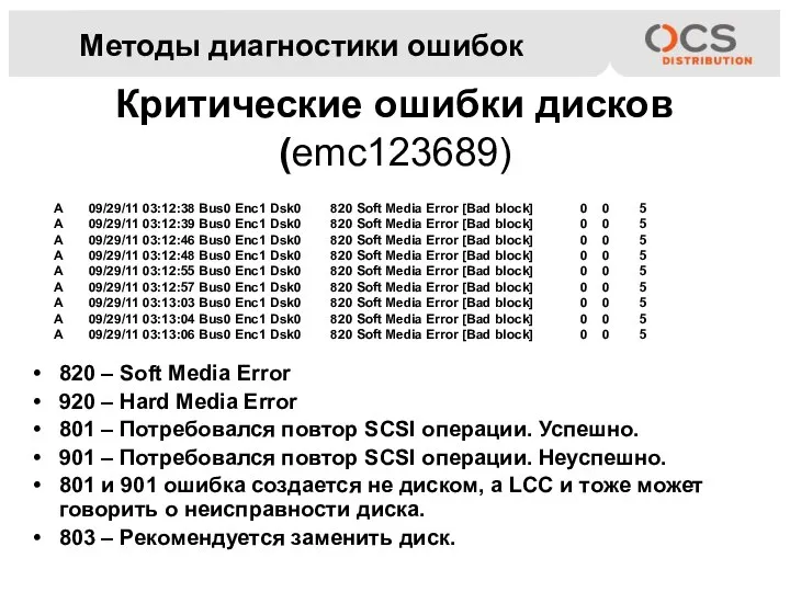 820 – Soft Media Error 920 – Hard Media Error 801 –