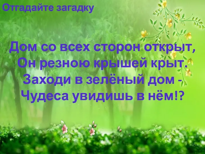 Отгадайте загадку Дом со всех сторон открыт, Он резною крышей крыт. Заходи