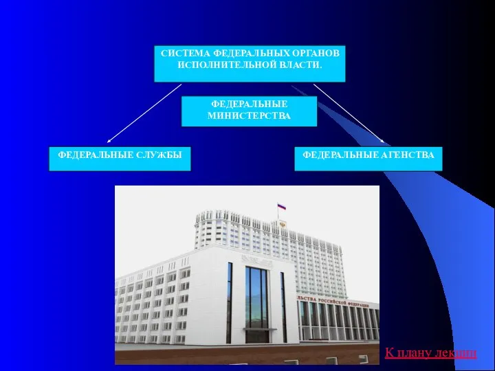 СИСТЕМА ФЕДЕРАЛЬНЫХ ОРГАНОВ ИСПОЛНИТЕЛЬНОЙ ВЛАСТИ. ФЕДЕРАЛЬНЫЕ МИНИСТЕРСТВА ФЕДЕРАЛЬНЫЕ СЛУЖБЫ ФЕДЕРАЛЬНЫЕ АГЕНСТВА К плану лекции