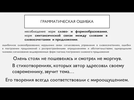 ГРАММАТИЧЕСКАЯ ОШИБКА ошибочное словообразование; нарушение связи согласования, управления в словосочетаниях, ошибки в