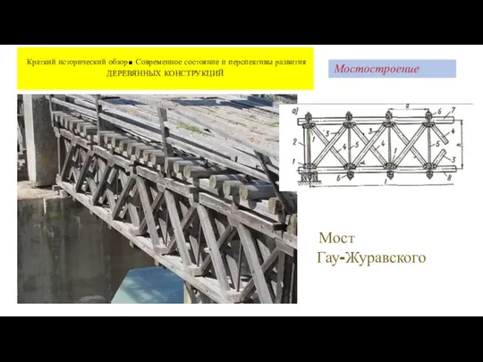 Мостостроение Краткий исторический обзор. Современное состояние и перспективы развития ДЕРЕВЯННЫХ КОНСТРУКЦИЙ Мост Гау-Журавского