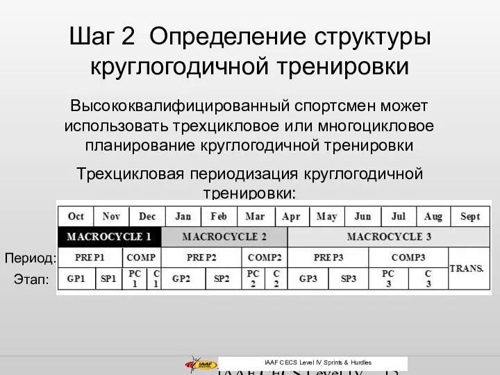 IAAF CECS Level IV Middle and Long Distance Трехцикловая периодизация круглогодичной тренировки: