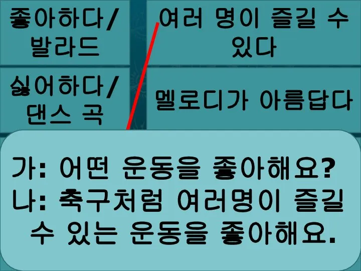 좋아하다/발라드 여러 명이 즐길 수 있다 싫어하다/댄스 곡 멜로디가 아름답다 좋아하다/축구 혼자서만