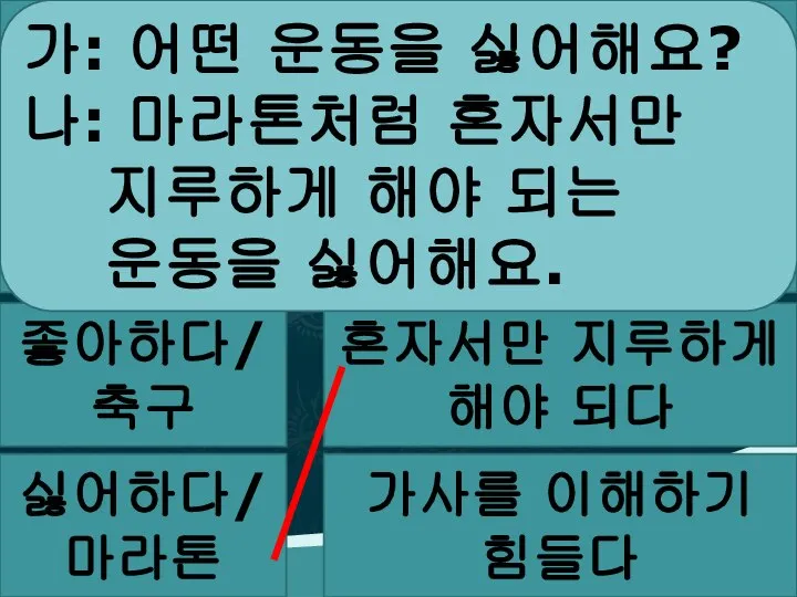 좋아하다/발라드 여러 명이 즐길 수 있다 싫어하다/댄스 곡 멜로디가 아름답다 좋아하다/축구 혼자서만