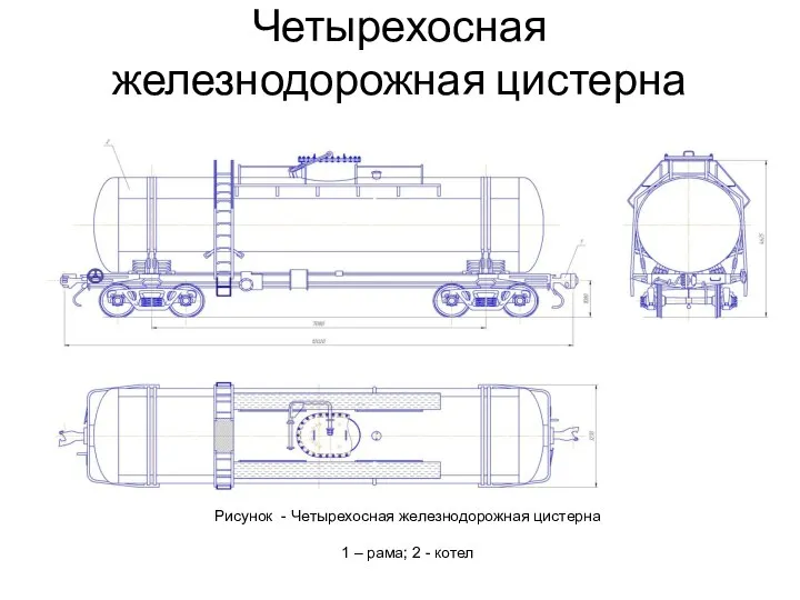 Четырехосная железнодорожная цистерна Рисунок - Четырехосная железнодорожная цистерна 1 – рама; 2 - котел