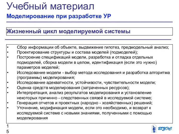 Жизненный цикл моделируемой системы Учебный материал Моделирование при разработке УР Сбор информации