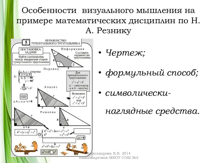 Особенности визуального мышления на примере математических дисциплин по Н.А. Резнику Чертеж; формульный