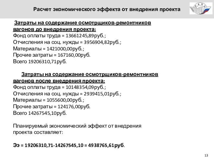 Расчет экономического эффекта от внедрения проекта Затраты на содержание осмотрщиков-ремонтников вагонов до