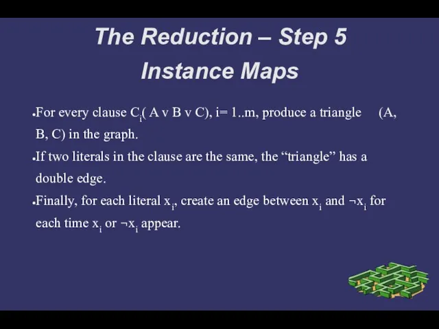 The Reduction – Step 5 Instance Maps For every clause Ci( A