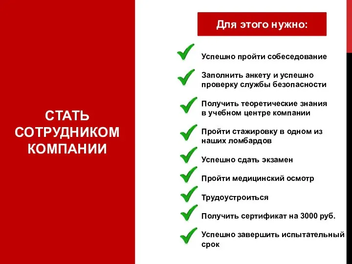 СТАТЬ СОТРУДНИКОМ КОМПАНИИ Для этого нужно: Успешно пройти собеседование Заполнить анкету и