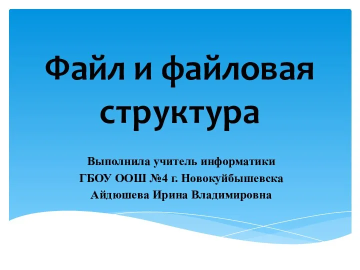 Файл и файловая структура Выполнила учитель информатики ГБОУ ООШ №4 г. Новокуйбышевска Айдюшева Ирина Владимировна