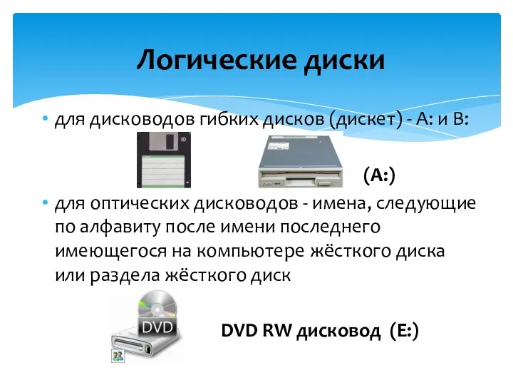 для дисководов гибких дисков (дискет) - А: и В: (А:) для оптических