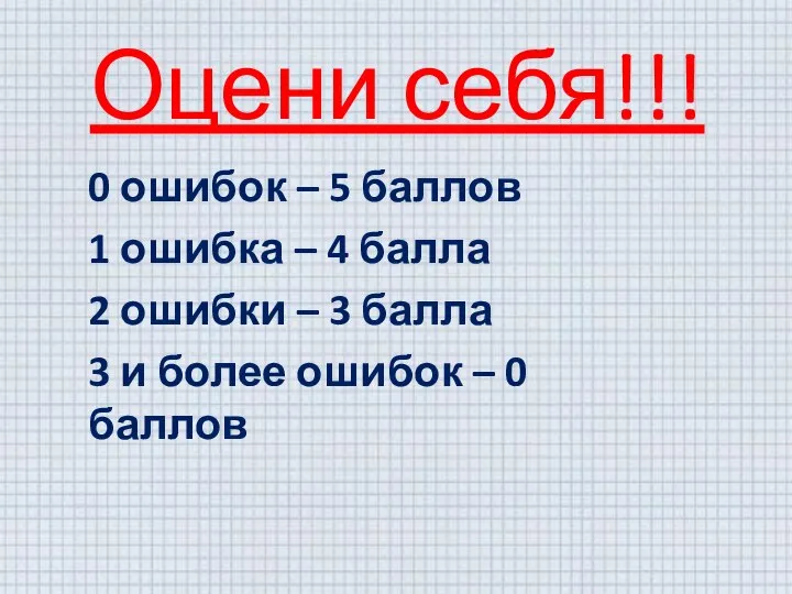 Оцени себя!!! 0 ошибок – 5 баллов 1 ошибка – 4 балла