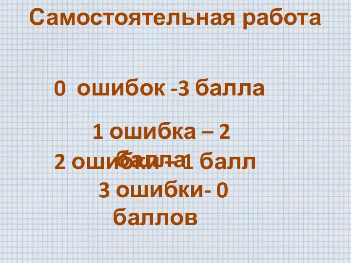 Самостоятельная работа 0 ошибок -3 балла 1 ошибка – 2 балла 2