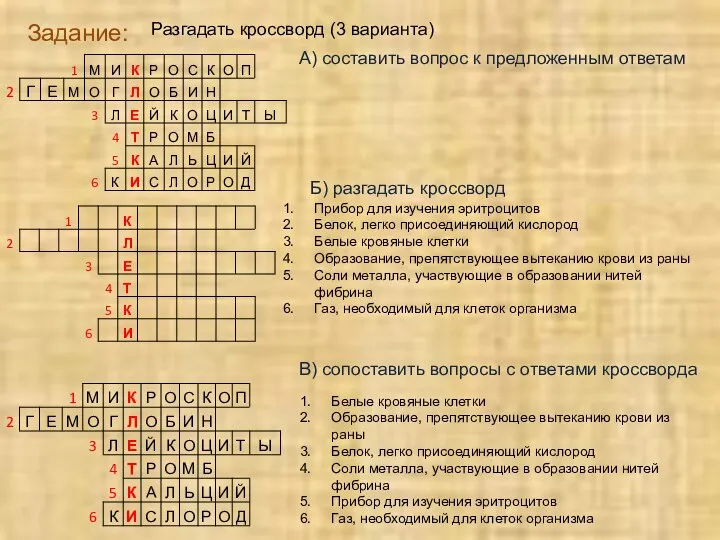 Разгадать кроссворд (3 варианта) Задание: А) составить вопрос к предложенным ответам Б)