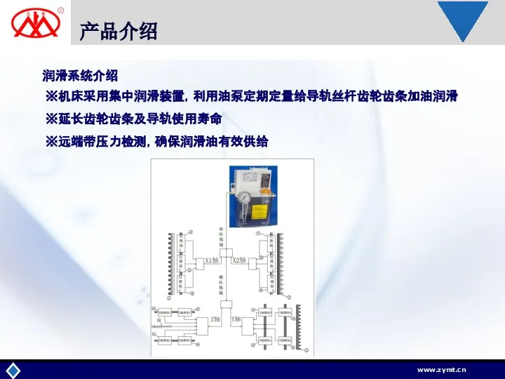 产品介绍 润滑系统介绍 ※机床采用集中润滑装置，利用油泵定期定量给导轨丝杆齿轮齿条加油润滑 ※延长齿轮齿条及导轨使用寿命 ※远端带压力检测，确保润滑油有效供给