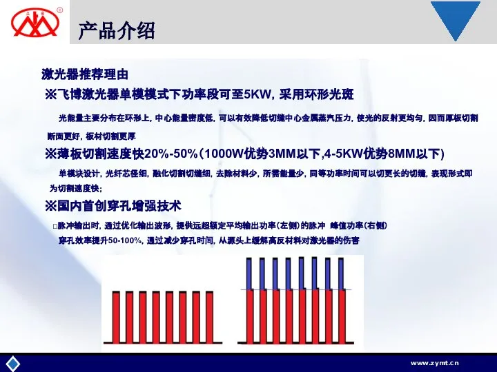 产品介绍 激光器推荐理由 ※飞博激光器单模模式下功率段可至5KW，采用环形光斑 光能量主要分布在环形上，中心能量密度低，可以有效降低切缝中心金属蒸汽压力，使光的反射更均匀，因而厚板切割 断面更好，板材切割更厚 ※薄板切割速度快20%-50%（1000W优势3MM以下,4-5KW优势8MM以下) 单模块设计，光纤芯径细，融化切割切缝细，去除材料少，所需能量少，同等功率时间可以切更长的切缝，表现形式即 为切割速度快； ※国内首创穿孔增强技术 脉冲输出时，通过优化输出波形，提供远超额定平均输出功率（左侧）的脉冲 峰值功率（右侧） 穿孔效率提升50-100%，通过减少穿孔时间，从源头上缓解高反材料对激光器的伤害