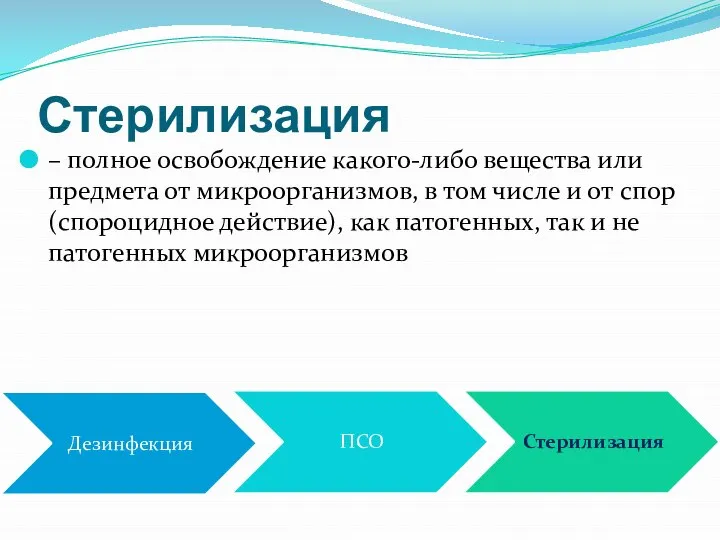 Стерилизация – полное освобождение какого-либо вещества или предмета от микроорганизмов, в том