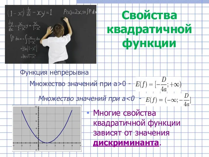 Свойства квадратичной функции Многие свойства квадратичной функции зависят от значения дискриминанта. Функция