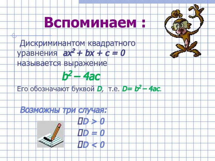 Вспоминаем : Дискриминантом квадратного уравнения ах2 + bх + с = 0