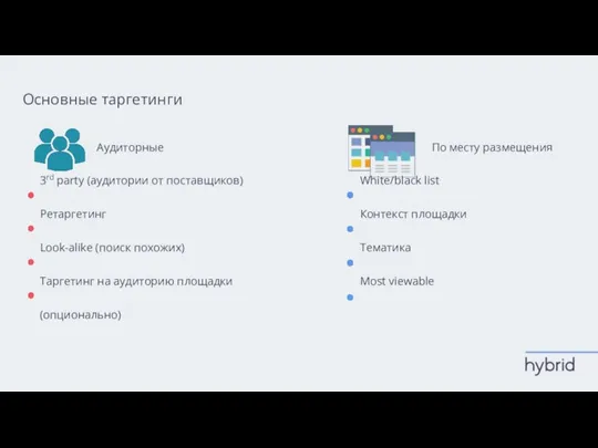 Основные таргетинги Аудиторные 3rd party (аудитории от поставщиков) Ретаргетинг Look-alike (поиск похожих)