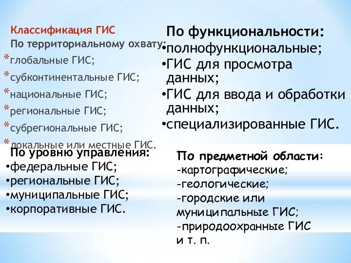 Классификация ГИС По территориальному охвату: глобальные ГИС; субконтинентальные ГИС; национальные ГИС; региональные