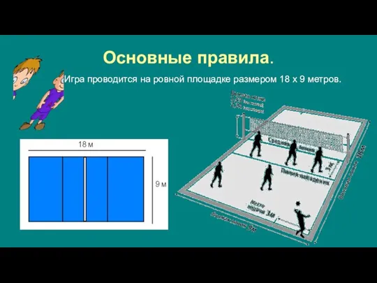 Основные правила. Игра проводится на ровной площадке размером 18 х 9 метров.