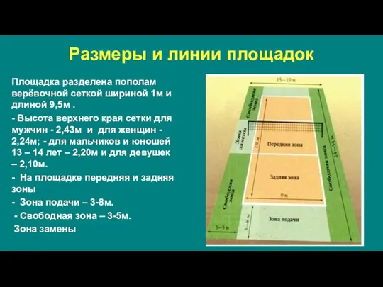 Размеры и линии площадок Площадка разделена пополам верёвочной сеткой шириной 1м и